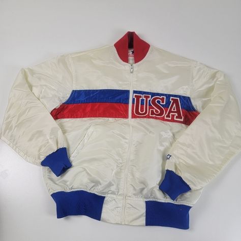 Vintage 1980s Starter Olympic USA Bomber Satin Full Zip Jacket Size Large Zip Jacket, Pop Of Color, Dress To Impress, Color Pop, Bomber Jacket, Size Large, Satin, Feel Free, For Men