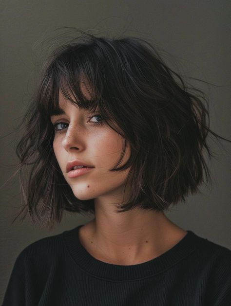 Short Bob With Texture, Short Dark Hair Styles, Carre Haircut, Layered Bob With Fringe, Low Maintenance Haircut For Fine Hair, 70 Short Hairstyles, Bob For Thick Hair, Dark Hair Styles, Modern Pixie