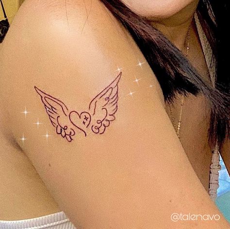 Dainty fine line tattoo of an asymmetric heart with angel wings Angel Tattoo Ideas For Women, Angel On Shoulder Tattoo, Heart Angel Tattoo, Small Angel Tattoos For Women, Dainty Angel Tattoo, Heart With Angel Wings Tattoo, Tiny Angel Tattoo, Under Collar Bone Tattoos, Small Angel Tattoo