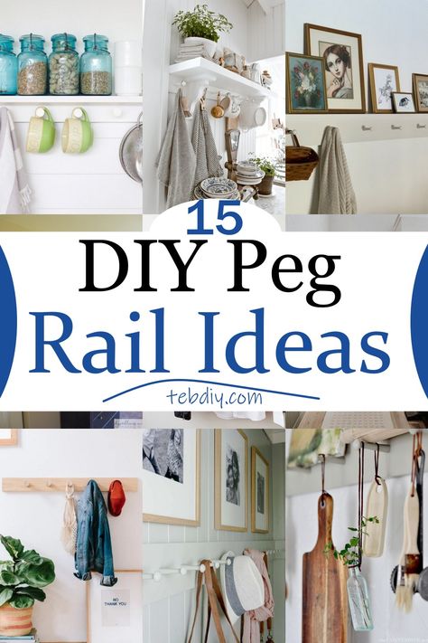 Peg rails are a classic way to display hooks and accessories, but they don't have to be frumpy. They are a great way to store your belongings. Since it comes in the shape of a track, you can use it to store items that are large or small. The exposed nature of the peg rail allows you to display photos and other decorative items. Bathroom With Peg Rail, Peg Rail In Bathroom, Peg Hooks Entryway, Accordian Peg Rack Ideas, Bathroom Towel Hooks With Shelf, Peg Shelf Decor, Peg Rack Decor, Peg Shelves, Diy Peg Rail