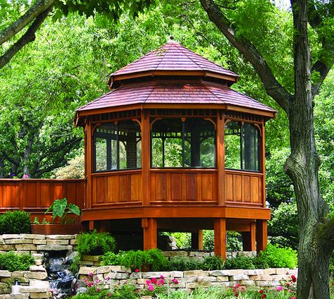 Closed Gazebo, Gazebo With Lights, Deck With Gazebo, Patio Decks, Gazebo With Fire Pit, Fire Pit Wall, Screened Gazebo, Small Fire Pit, Gazebo Ideas