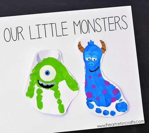 Monsters Inc Footprint Art, Monsters Inc Handprint Art, Disney Art For Toddlers, Footprint Monsters, Disney Toddler Crafts, Monsters Inc Art, Monster Footprint, Footprint Craft, Monster Crafts