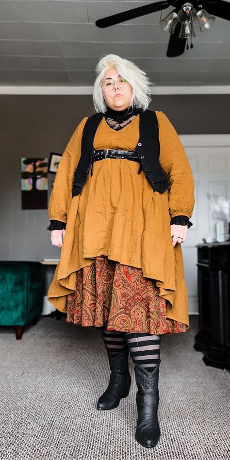 Follow for more outfit inspo! I wore this in the dead of winter but who says yellows and oranges can only be worn in fall? Save this pin for your next outfit inspo and follow to see more fits like this! I layered a patterned skirt under a solid dress 🫶 Plus Size Fantasy Outfits, Soft Tummy Aesthetic, Layered Autumn Outfits, Fat Alternative Fashion, Plus Size Layered Outfits, Witchy Winter Outfits, Transfemme Fashion, Hayden Core, Plus Size Cottagecore Fashion