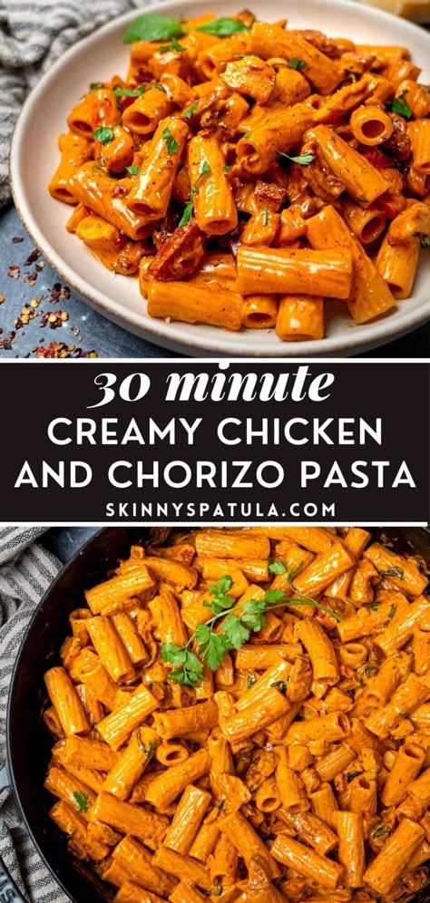 Chicken Chorizo Chili, Sausage Chorizo Recipes, Chorizo Lunch Ideas, Chicken Chorizo Bake, Pasta Recipes Chorizo, Creamy Chicken And Chorizo Orzo, One Pot Chorizo Pasta, Chorizo For Dinner, Dinner Ideas Chorizo