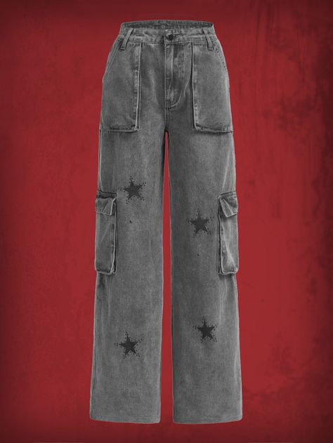 ROMWE Jeans con estampado de estrella con bolsillo con solapa Romwe Outfit, Flap Pocket Jeans, Punk Jeans, Cut Out Jeans, Grunge Jeans, Classy Prom Dresses, Estilo Punk, Grunge Punk, Star Jeans