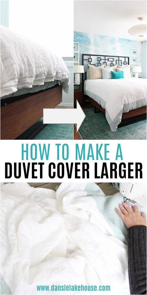 How to Make a Duvet Cover Larger. Struggling with a duvet cover that is too small - or a duvet cover that shrank? Don't get rid of it! It's really easy to add some extra length to a too-small duvet cover. Click to learn how to make a duvet cover bigger, plus find lots of other DIY sewing projects and home decor sewing project tutorials. Use this tutorial to convert a queen size duvet cover to a king size or a double duvet cover to use as a queen sized. Make A Duvet Cover, Duvet Cover Tutorial, Diy Duvet, White Linen Sheets, Duvet Cover Diy, Home Decor Sewing, Fluffy Duvet, Queen Size Sheets, Queen Size Duvet Covers