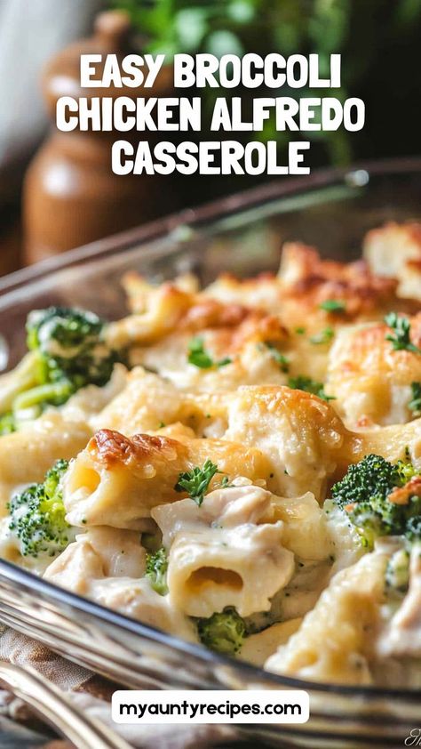 This Broccoli Chicken Alfredo Casserole is a simple, hearty dish packed with juicy chicken, fresh broccoli, and creamy Alfredo sauce. An easy weeknight meal that’s full of comforting flavors! Meals With Frozen Broccoli, Chicken Fettuccine Alfredo Casserole, Broccoli Alfredo Pasta Bake, Chicken Broccoli Alfredo Casserole, One Pan Chicken Alfredo, Chicken And Broccoli Pasta Bake, Broccoli Chicken Alfredo, Chicken Alfredo With Broccoli, Broccoli Alfredo Pasta