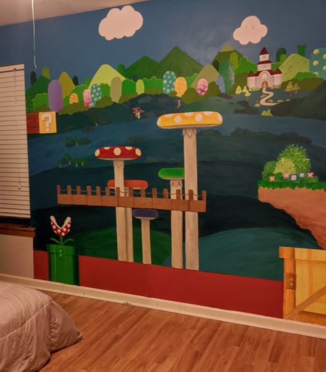 Hand painted by Susie at Shadetreedesigns! Mario Wall Mural, Mario Wall, Custom Wall Murals, Custom Wall, Wall Mural, Super Mario, Wall Murals, Mario, Mural