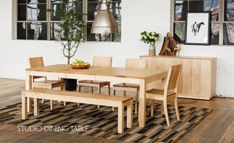 Studio Dining Table, Chairs, and Bench in Maple Contemporary Wood Dining Chairs, Wood Dining Table Modern, Parsons Table, Studio Chairs, Living Room Stools, Entry Tables, Formal Dining Tables, Modern Sideboard, Extension Dining Table