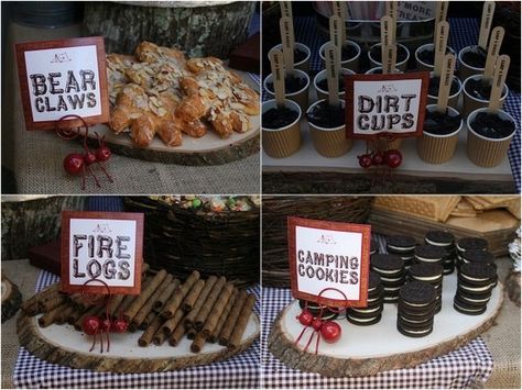 Wilderness party them food- could be cute if you wanted to go all out- or maybe just the dessert tray Camping Party Foods, Indoor Camping Party, Campout Party, Camping Theme Birthday Party, Basket Gifts, Glamping Party, Camping Diy, Camping Theme Party, Camping Birthday Party