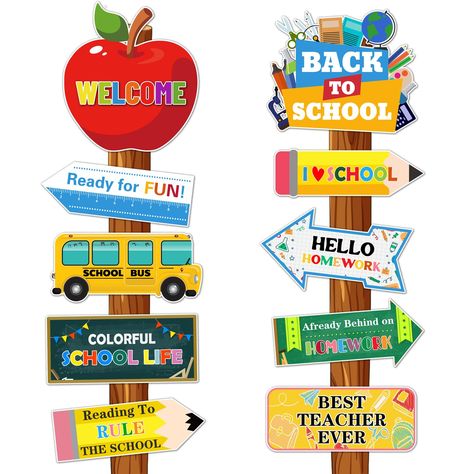 PRICES MAY VARY. Unique designs: Are you looking for a fun and creative back to school decorations to make your back to school party a hit? Our back to school sign decorations combine the classic school theme such as school bus, apples, colorful pencils, chalkboards, apples, globe and so on.The vivid and cute patterns and bright color will add more color to your party. Value Package: Our back to school decorations come with 20pcs of different cute card in 10 different designs, each set of first First Day Of School Decorations, Back To School Cards, Back To School Decorations, Preschool Decor, Welcome To School, Photo Booth Sign, First Day School, Back To School Party, Welcome Back To School