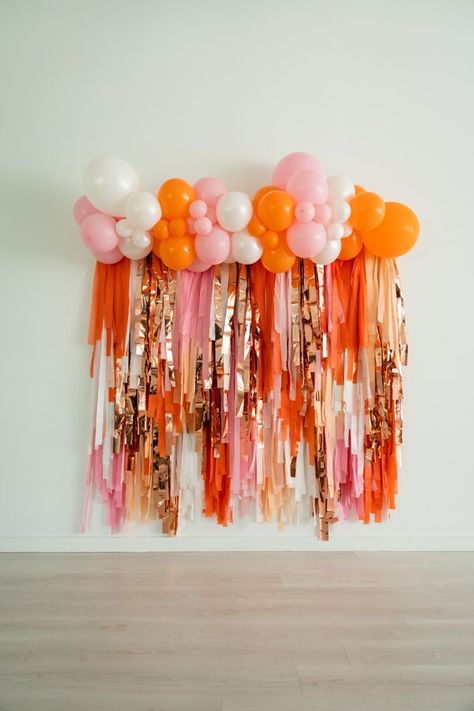 Pink Orange Party Decor, Girls Just Wanna Be One Birthday, Veuve Party, Bach Party Decorations, Backdrop Fringe, Streamer Wall, Orange Backdrop, Fringe Decor, Ghoul Gang