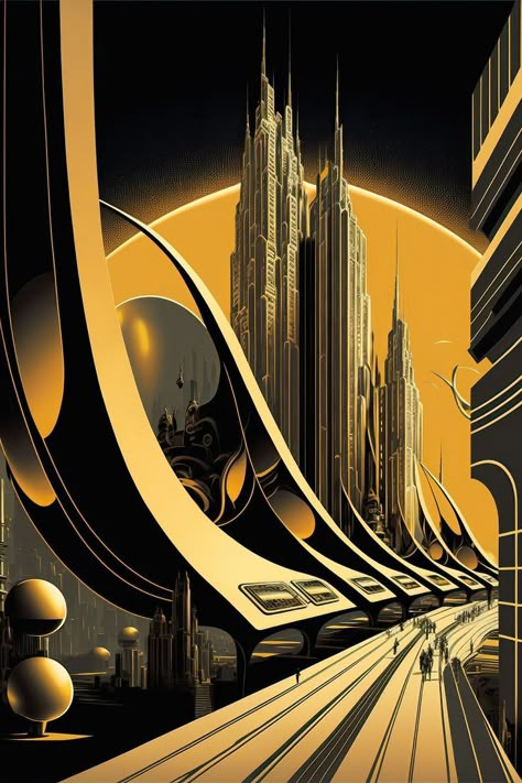 Artist ~ Micell A. Retro Sci Fi Art Wallpaper, Art Deco Sci Fi, Japanese Futurism, Utopian Art, Metropolis 1927, Futurism Art, Art Deco Artwork, 70s Sci Fi Art, Train Art