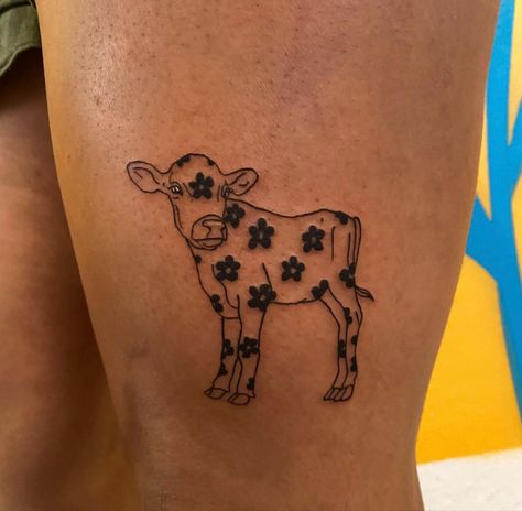 Patchwork Tattoo Ideas Animals, Small Vegan Tattoo, Heart Cow Tattoo, Country Patchwork Tattoo, Silly Animal Tattoos, Traditional Cow Tattoo, Simple Cow Tattoo, Cows Tattoo, Cow Tattoos For Women