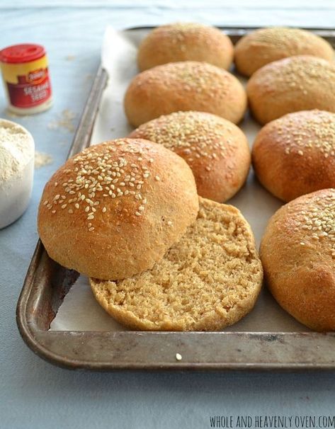 Homemade Whole-Wheat Hamburger Buns | wholeandheavenlyoven.com Whole Wheat Hamburger Bun Recipe, Whole Wheat Hamburger Buns, Sourdough Hamburger Buns, Whole Wheat Buns, Hamburger Buns Recipe, Buns Homemade, Homemade Burger Buns, Hamburger Bun Recipe, Homemade Hamburger Buns