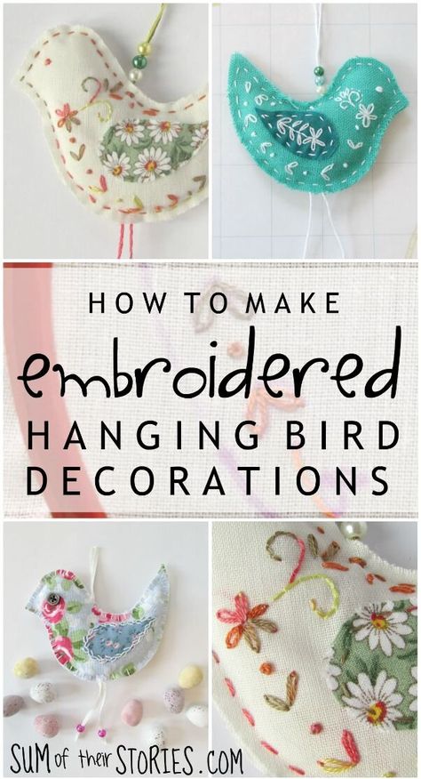 How to make Embroidered Hanging Bird Decorations Embroidered Bird Ornaments, Felt Embroidery Projects Wool Applique, Bird Ornaments Pattern, Wool Embroidery Projects, Embroidering On Felt, Fabric Birds Diy, Stuffed Bird Pattern, Hand Stitched Birds, Embroidered Birds Free Pattern