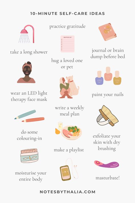 11 quick and simple ways to practice evening self-care in 10-mins or less including take a long shower, practice gratitude, journal, paint your nails, exfoliate, dry brush, masturbate, make a playlist, moisturise, do some colouring-in, wear a face mask. Black text with coloured icons Simple Self Care Ideas, 5 Minute Self Care, Self Care Day Ideas, Routine Printable, Self Care Ideas, Self Care Bullet Journal, Practice Gratitude, Self Care Activities, Good Habits