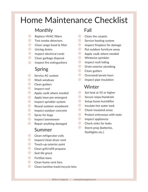 Household Maintenance Checklist, May Home Maintenance Checklist, New Home Maintenance Checklist, House Maintenance Binder, Dream Home Checklist, Home Maintenance Checklist Printables, New Homeowner Checklist, Vehicle Maintenance Checklist, Annual Home Maintenance Checklist