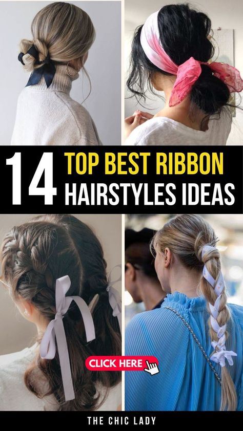 14 Stunning Ribbon Hairstyles to Look Cute & Classy This Season Easy Hairstyles With Ribbon, Two Braids With Bows, Long Hair With Ribbon, Hair Ribbons Hairstyles, Fake Short Hair, Braid With Ribbon, Wedding Hairstyles For Women, Braided Updos, Double French Braids