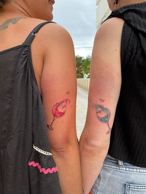 Friendship Sign Tattoo, Wine Tattoos Best Friend, Wine Tattoo Best Friend, Bestie Tats, Wine Tattoo, Beer Tattoos, Friendship Signs, Friends Tattoo, Island Tattoo