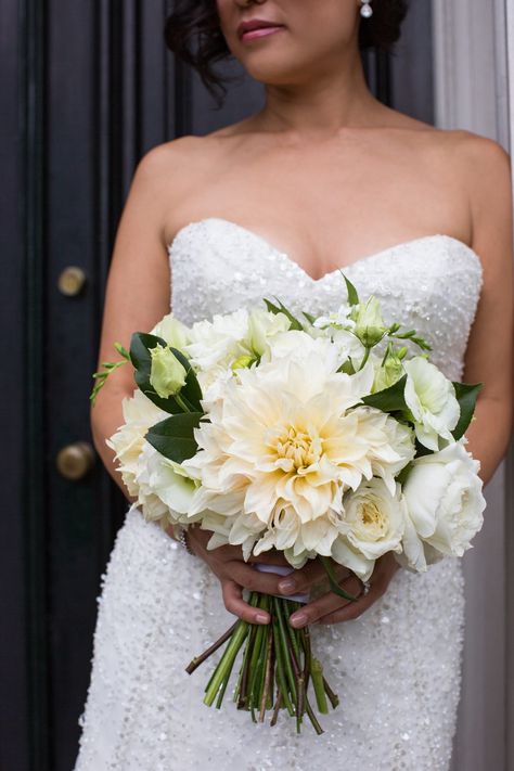 Rose And Dahlia Bouquet, Dahlia Rose Bouquet, Dahlia Wedding Flowers, White Dahlia Wedding Bouquets, Dalia Wedding Boquet, Cream Peonies, Dahlia Bouquet Wedding, White Dahlia And Rose Bouquet, White Roses And Dahlias Bouquet