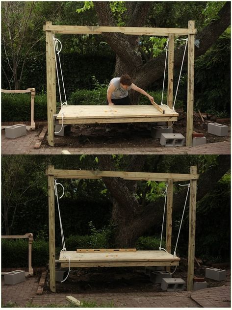 I've always wanted a hanging bed! This outdoor swing bed is gorgeous and looks relatively easy to build! Outdoor Swing Bed, Backyard Bed, Outdoor Hanging Bed, Backyard Goals, Diy Porch Swing, Porch Swing Bed, Swing Bed, Hanging Beds, Wooden Swing