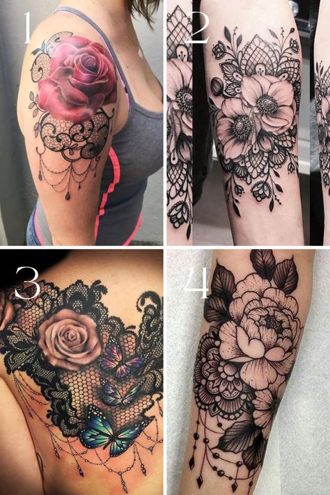 Delicate Flower and Lace Tattoo Designs + Ideas - TattooGlee Lace Shoulder Tattoos For Women Unique, Lace And Flowers Tattoo, Best Tattoos For Cover Ups, Lace Arm Tattoos For Women, Floral And Lace Tattoo, Womans Shoulder Tattoo, Lace Floral Tattoo, Lace Tattoo Sleeves, Lace Tattoos For Women Sleeve