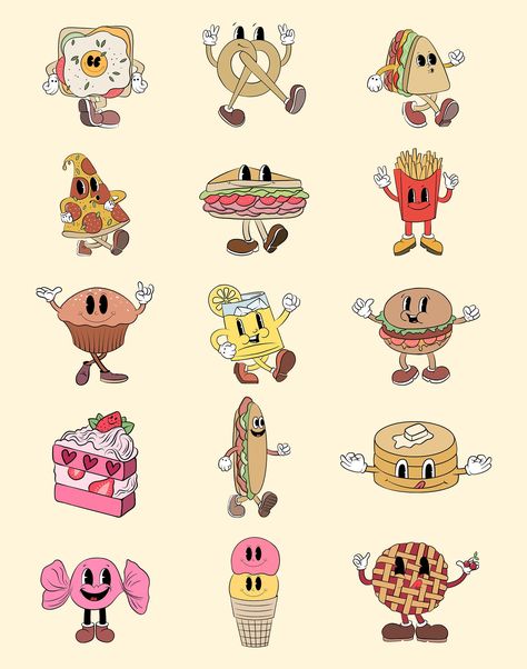 Cartoon Food Characters, Food Mascot Design, Food Characters Illustration, Character Design Illustration Vector, Cute Food Characters, Food Character Illustration, Retro Food Illustration, Vintage Cartoon Characters, Food Character Design