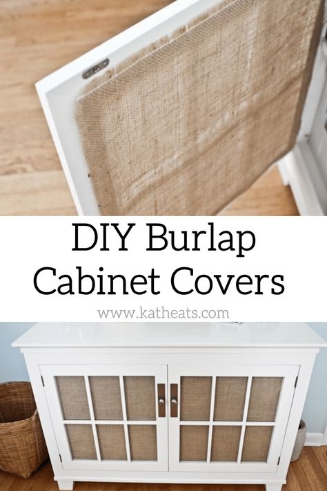 These DIY burlap cabinet covers hide the contents of glass-front cabinets for a clean, minimal look in beach cottage style. Breezy beach decor and burlap accents leads to a bright and airy cottage-style living room. #burlap #cabinets #burlapdecor #homedecorating Cabinet Door Cover Ideas, Refurbished Cabinets Diy, Alternatives To Cabinet Doors, Burlap Cabinet Doors, Covering Glass Cabinet Doors, Burlap Cabinet, Cover Glass Cabinet Doors, Burlap Furniture, Airy Cottage