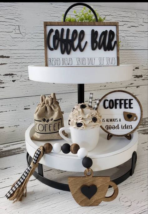 Coffee Theme Tiered Tray Decor, Tiered Tray Decor Coffee Bar, Coffee Bar With Tiered Tray, Coffee Bar Decoration, Coffee Theme Decorations, Coffee Bar Farmhouse Style, Coffee Bar Station Small Spaces Kitchen, Coffee Counter Decor, Coffee Theme Decor