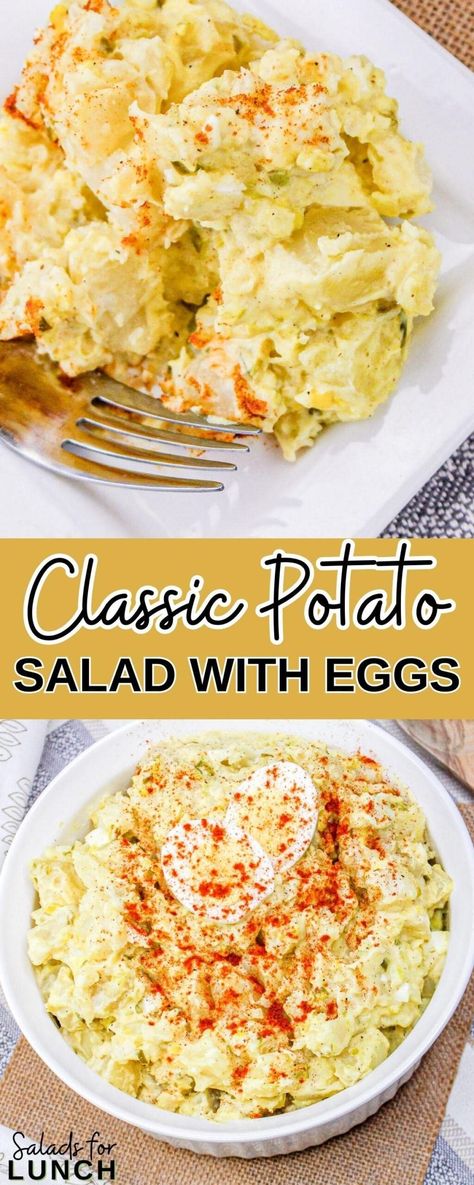 It's time to upgrade your potato salad game! This classic potato salad recipe with eggs is the perfect side dish for any occasion. With its creamy dressing, tender potatoes, and hard-boiled eggs, this recipe is sure to be a crowd-pleaser. Plus, it's easy to make and can be customized to suit your taste. Whether you're serving it at a picnic, barbecue, or family gathering, this potato salad is sure to be a hit! No Onion Potato Salad, Potato Salad With Olives And Egg, Boiled Potato Breakfast Recipes, Potato Salad Using Canned Potatoes, Easy Potato Salad Recipe With Egg, Potato Salad Recipes With Egg, Classic Potato Salad With Egg, Cookout Salads, Egg And Potato Salad