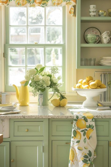 When life gives you lemons, why not make – a lemon themed kitchen! The kitchen is the heart of the home, and its design should reflect the vitality and joy of Cottage Theme Kitchen, Yellow And Sage Kitchen, Yellow Theme Kitchen, Lemon And Blue Kitchen, Lemon Inspired Kitchen, Laundry Room Hanging Ideas, Yellow And Green Kitchen, Green And Yellow Kitchen, Lemon Themed Kitchen