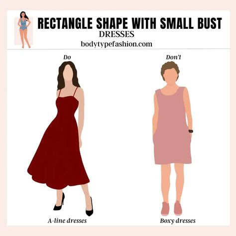 Avoid boxy dresses Outfit Ideas For Square Body Shape, Rectangle Body Shape Fashion, Dress Styles Chart, Body Type Clothes, Rectangle Body Shape Outfits, Pear Shape Fashion, Dress Body Type, Curvy Casual Outfits, Boxy Dress