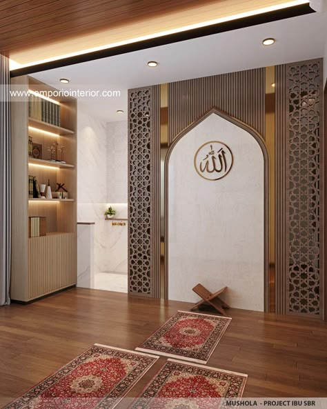 Mushola Outdoor, Mihrab Design Modern, Prayer Room Design Muslim, Prayer Room Design, Musholla Rumah, Namaz Room, House 3 Floors, Mosque Interior, Mediterranean House Design