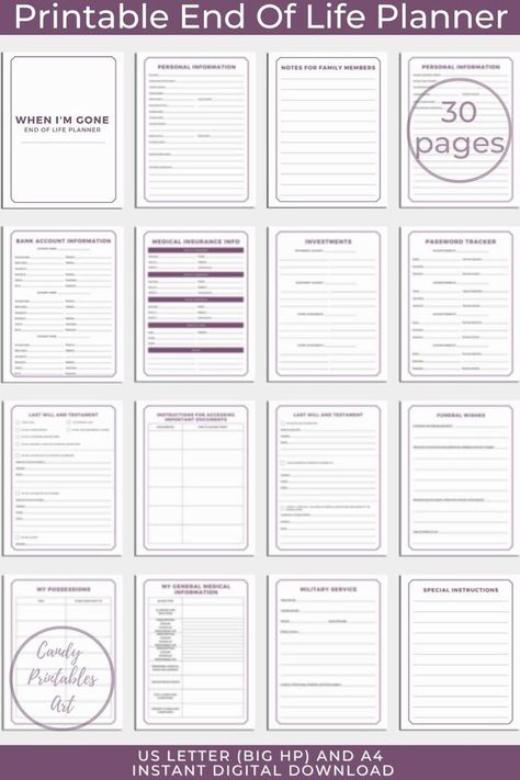 End of life checklist, Printable Final Wishes Planner, Just in Case | Printable Planner by Alan Wilkinson | #planner #design #editable #canva #custom Final Wishes Planner Free, When I Die Planner, Life Binder Categories, Important Documents Binder, Final Wishes Planner, Life Binder Printables, Living Will Template, Life Checklist, Life Management Binder