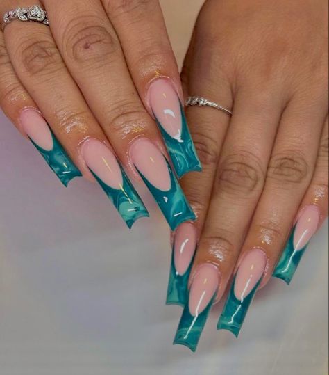 Frenchie Nail Design, Teal Coffin Acrylic Nails, Teal Nail Inspo Acrylic, Frenchies Acrylic Nails Long, Teal Green Nail Designs, Teal Long Nails, Teal Nails For Prom, Turquoise Nails Coffin, Green Teal Nails