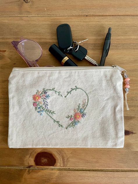 Hand Embroidered Canvas Pouch Bachelorette Gift Embroidered Storage Bag Canvas Pouch Canvas Storage Bag free Shipping - Etsy Embroidered Toiletry Bag, Sage Embroidery, Embroidered Pouch, Modern Hand Embroidery Patterns, Bag Embroidery, Diy Crochet Bag, Bachelorette Gift, Canvas Storage, Embroidered Canvas