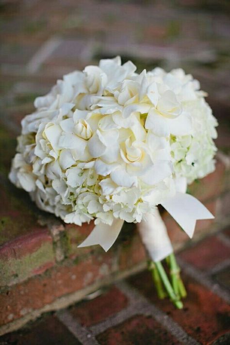 White Hydrangea + White Gardenias Wedding Bouquet Wedding Flowers With Hydrangeas, Hortensia Bouquet, Gardenia Bouquet, Gardenia Wedding, White Freesia, Hydrangea Bouquet Wedding, Football Mums, Bridal Party Bouquets, Hydrangea Wedding