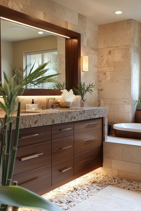 Transform your space with these modern bathroom ideas! Featuring sleek wooden cabinets, a stone countertop, and ambient lighting, this design brings both beauty and functionality. Perfect for a contemporary home. #ModernBathroomIdeas #BathroomDesign #HomeDecor Countertops Ideas, Modern Bathroom Ideas, Wooden Countertops, Bathroom Luxury, Stone Countertop, Calming Spaces, Beach House Design, Stone Countertops, Wooden Cabinets