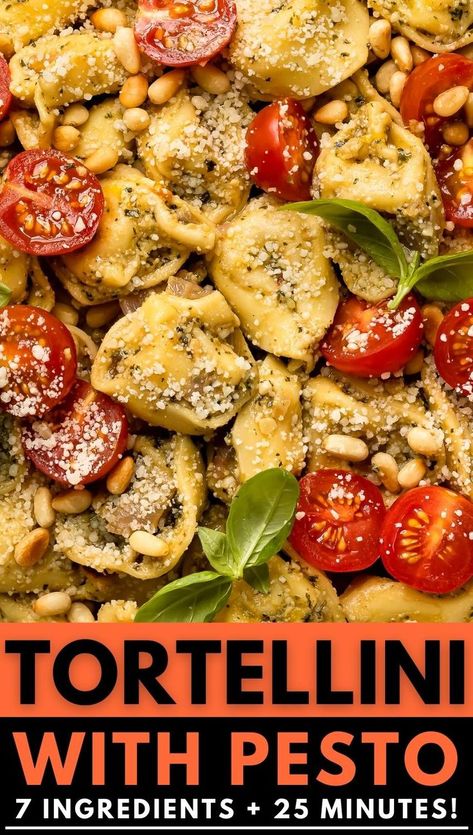 You’ll need just ONE POT + 25 MINUTES to
make this ridiculously delicious and simple recipe for PESTO TORTELLINI! Pairing a package of cheese tortellini and store-bought pesto sauce with a few fresh ingredients creates an easy and luxuriously delicious dinner that won’t break the bank! Dinner Recipes With Pesto Sauce, Tortellini Pesto Bake, Tortellini Vegetarian Recipes, Cheese Tortellini With Pesto Sauce, Cheese Tortellini Pesto, Tortellini With Pesto Sauce, Tortellini And Pesto Recipes, Tortellini Recipes With Pesto, Basil Pesto Tortellini