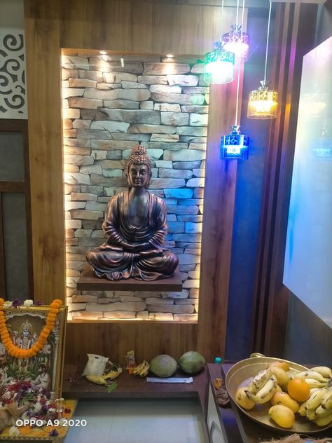 Buddha Decoration Living Room, Buddha Decor Ideas, Buddha Wall Decor Interior Design, Buddha Living Room, Buddha Wall Painting, Foyer Room, Buddha Wall Decor, Simple False Ceiling Design, Buddha Home Decor