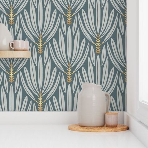 Apply Peel and Stick Wallpaper to any wall and create a unique look in minutes. Half Bath Wallpaper, Wallpaper Powder Room, Decor Makeover, Makeover Bathroom, Walls Decor, Powder Room Wallpaper, Dark Green Wallpaper, Decoration Bathroom, Wall Decorating