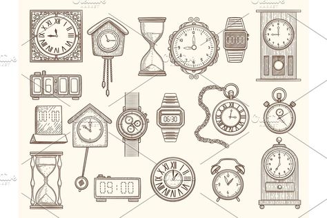 Vintage Clock Illustration, Clock Line Art, Alarm Clock Drawing, Old Clocks Vintage, Vintage Clock Tattoos, Vintage Saat, Illustration Objects, Clock Drawing, Clock Drawings