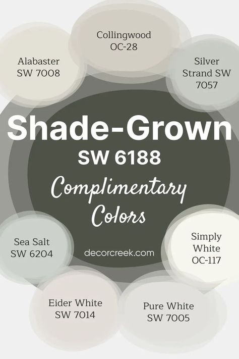 The image highlights complementary colors for Shade Grown SW 6188 by Sherwin-Williams, a rich and earthy green that brings depth and warmth. Crisp whites like Simply White OC-117 and Pure White SW 7005 offer a fresh contrast, while Collingwood OC-28 and Eider White SW 7014 add neutral balance. Sea Salt SW 6204, Silver Strand SW 7057, and Alabaster SW 7008 round out the palette with soft, harmonious tones and a warm finish. Eider White, Blue Green Paints, Silver Strand, Earthy Green, Green Paint Colors, Paint Color Palettes, Simply White, Complimentary Colors, Green Paint