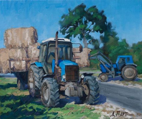 Tractor Painting, Academic Painting, Tractor Art, Decor Drawing, Art Realism, Art Village, Yellow Wall Art, Paint Paint, Fine Art Landscape