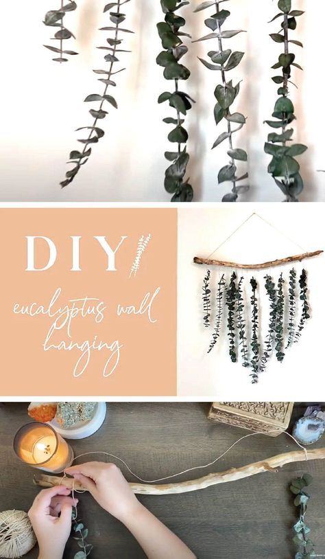 Eucalyptus And Lavender Wall Hanging, Eucalyptus Wall Decor Diy, Diy Natural Wall Decor, Eucalyptus Wall Hanging Diy, Eucalyptus Diy Decor, Diy Wall Hanging Decor, Eucalyptus Craft Ideas, Minimalist Wall Decor Diy, Diy Dried Flower Wall Hanging