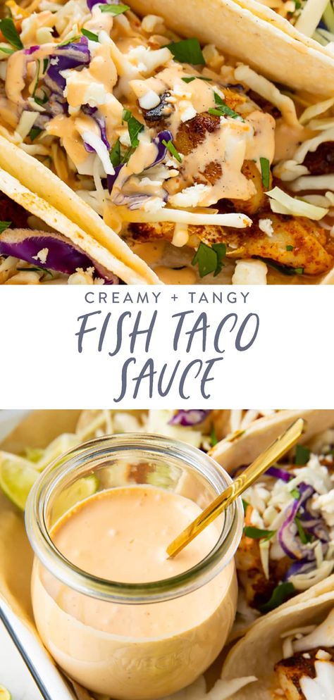 This creamy, smoky, and slightly spicy sauce is the perfect fish taco sauce! Delicious with blackened, grilled, or battered fish tacos, this versatile sauce is easy to make and sure to please everyone. Inspired by California fish tacos. Baha Fish Tacos Sauce, Baja Taco Sauce, Halibut Fish Tacos Recipes, Beer Batter Fish Tacos, Baja Fish Taco Sauce, Grilled Cod Fish Tacos, Easy Fish Taco Sauce, Spicy Fish Taco Sauce, Baha Fish Tacos