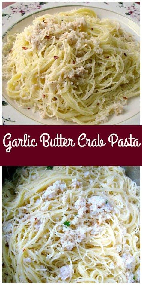 Sauteed garlic in butter tossed with flaked canned crab and mixed with angel hair pasta is perfect for dinner. It only takes a few minutes to make and is fancy enough for a special occasion. #crab #pasta #dinnerrecipes #garlic Garlic Butter Crab Pasta, Angel Hair Pasta With Crab Meat, Canned Crab Meat Recipes Pasta, Crabmeat Pasta Recipes, Canned Crab Recipes Dinners, Crab Recipes Pasta, Crab Flake Recipes, Crab And Pasta Recipes, Crab Scampi Pasta