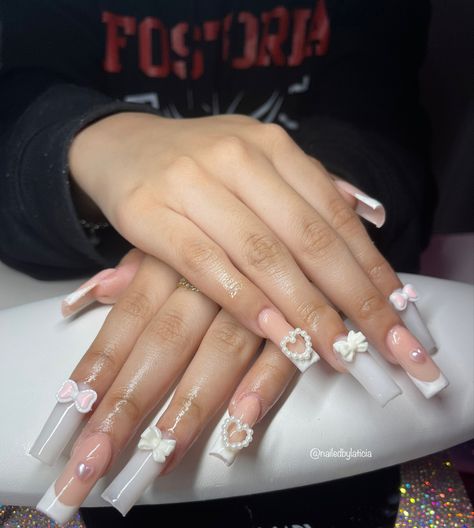 White Nails With Charms, White Bow Nails, Nails With Bow Charm, Pink Nails With Charms, Pink Grey Nails, Nails Coffin Short, Girlie Girl, Gray Nails, Long Acrylic