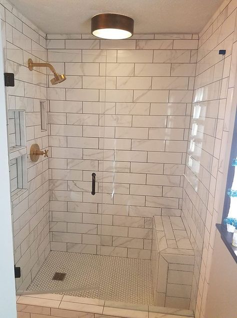 Bathrooms | BGC Bathroom Gold Accents, White Tiles Black Grout, Lowes Tile, Vibe Bathroom, Gold Bathroom Fixtures, Small Attic Bathroom, Small Full Bathroom, White Tile Shower, Subway Tile Showers